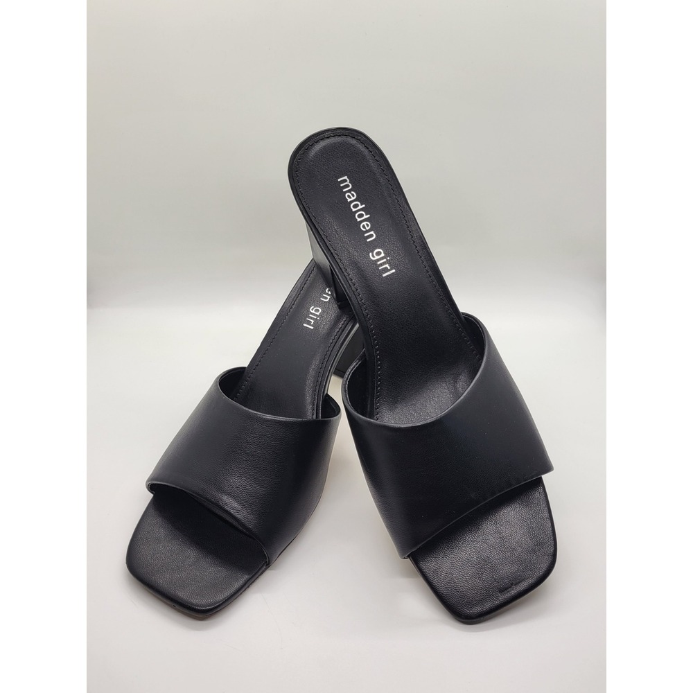 Madden Girl Golden Slide Sandal Women 8.5M Black Chic Square Toe Block Heel Mule